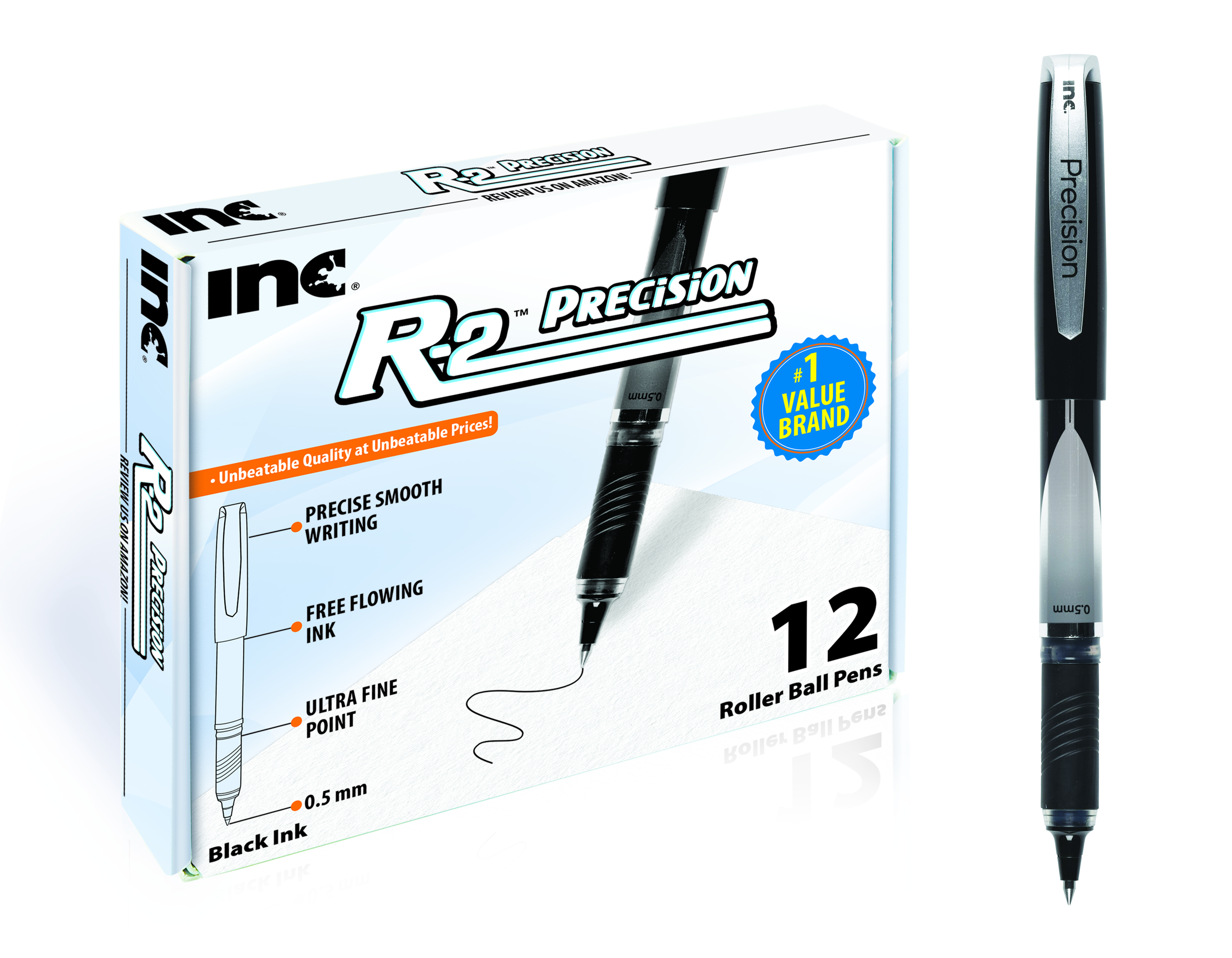 NEW! 0.5 mm tip Inc. 2pk Precision Tip R2 Roller Ink Pens,Black Ink